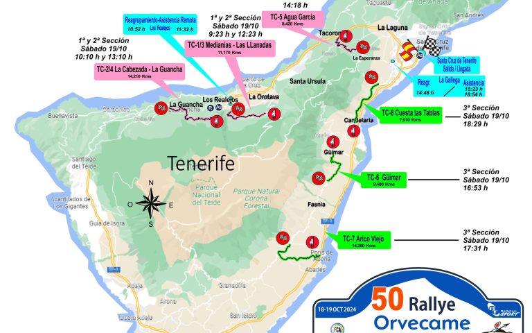 8 tramos cronometrados, escenarios del 50º Rallye Orvecame Isla Tenerife