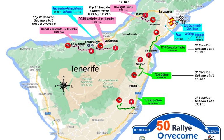 8 tramos cronometrados, escenarios del 50º Rallye Orvecame Isla Tenerife